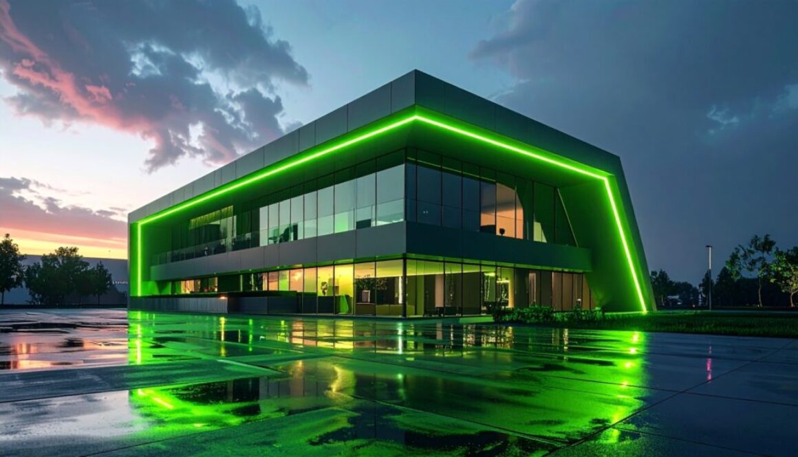 Modern two-story building with green LED outlines and large glass windows, glowing against a twilight sky with reflective wet pavement.