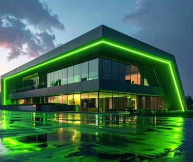 Modern two-story building with green LED outlines and large glass windows, glowing against a twilight sky with reflective wet pavement.